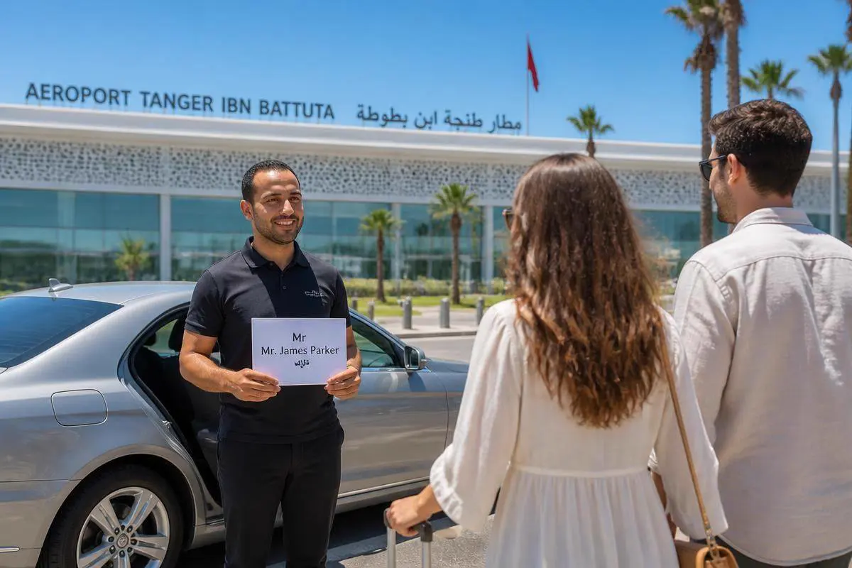 Driver holding a name sign for an airport transfer at Tangier Ibn Battouta Airport