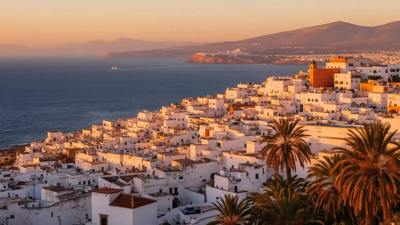 Sunset over the medina of Tangier with the Strait of Gibraltar