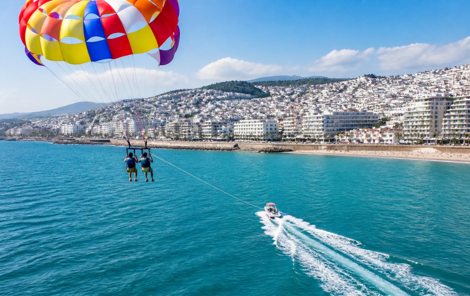 Tandem parasailing over the bay at Tangier, Morocco